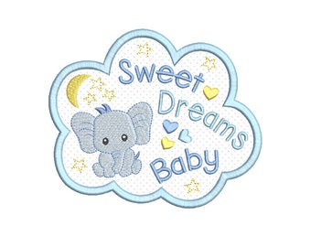 Cloud Machine Embroidery Applique Design, Sweet Dreams Baby, Moon, Stars, Elephant, Machine Embroidery, 3 tamaños, Instant Download, SA531-9
