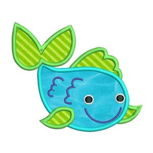 May include: A blue fish with a green and white striped tail fin and a green and white striped dorsal fin. The fish has a smiling face with black eyes and a purple mouth.