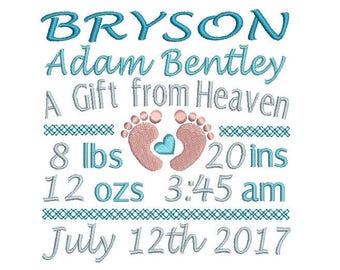 Personalised Baby Birth Announcement Machine Embroidery Design, Customised Baby Birth Stats Announcement Design, 3 Sizes, AM\PM, No: S509-53