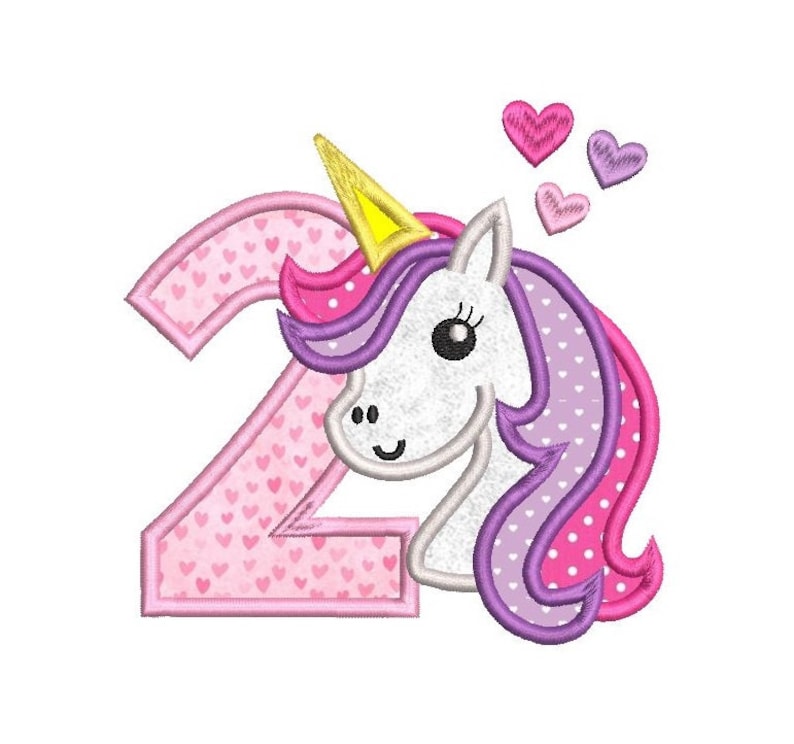 May include: Pink and purple unicorn with a yellow horn and a pink number 2 with white hearts. The unicorn has a white face with black eyes and a pink and purple mane. There are three pink hearts above the unicorn.