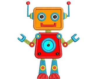 Könnte beinhalten: Gesticktes Roboterdesign in Orange, Rot, Blau und Grün. Der Roboter hat einen quadratischen Kopf mit Antennen, ein rundes Zifferblatt auf der Brust und Arme mit schraubenschlüsselförmigen Händen. Das Design ist wahrscheinlich für einen Aufnäher oder eine Applikation.