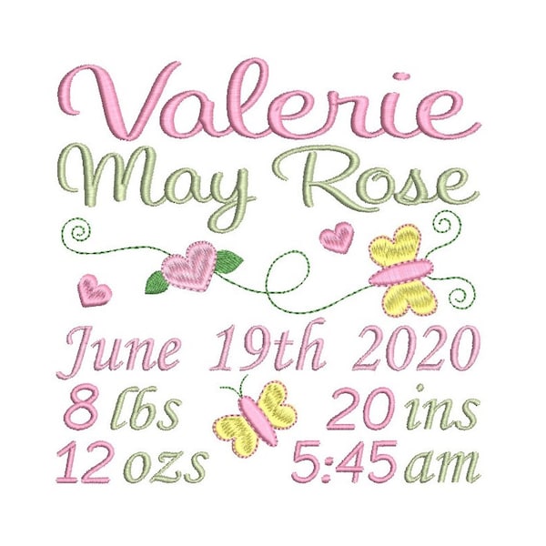 Birth Announcement Template Embroidery Design, Baby Birth Stats, Butterflies, Machine Embroidery, AM/PM, 3 Sizes, Instant Download, ST609-55