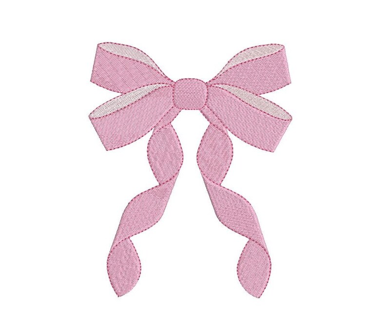 May include: A pink satin bow with long, flowing tails. The bow is tied in a classic knot and has a slightly ruffled texture.