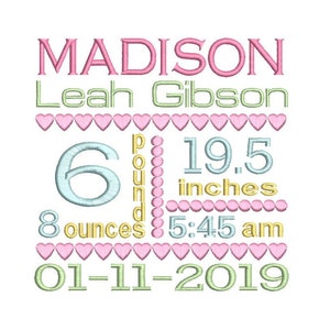 Birth Birth Template Embroidery Design, Baby Birth Stats, Subway Art, Hearts, Machine Embroidery, AM/PM, 3 Sizes, Instant Download, ST509-1 image 1