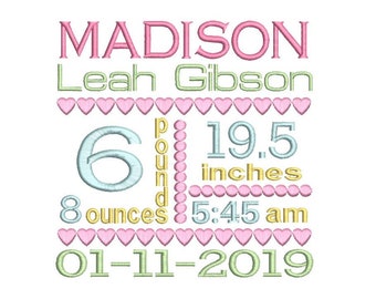Birth Birth Template Embroidery Design, Baby Birth Stats, Subway Art, Hearts, Machine Embroidery, AM/PM, 3 Sizes, Instant Download, ST509-1