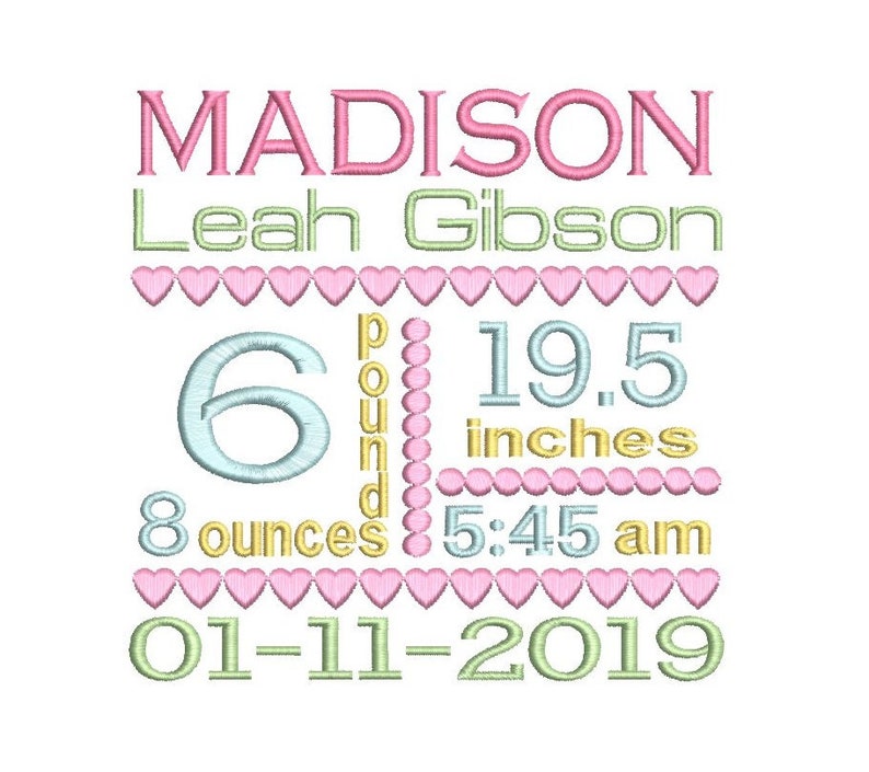 Birth Birth Template Embroidery Design, Baby Birth Stats, Subway Art, Hearts, Machine Embroidery, AM/PM, 3 Sizes, Instant Download, ST509-1 image 1