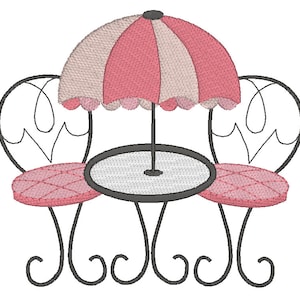 May include: A pink and white striped umbrella with a black metal frame sits over a black metal table and two chairs with pink cushions.