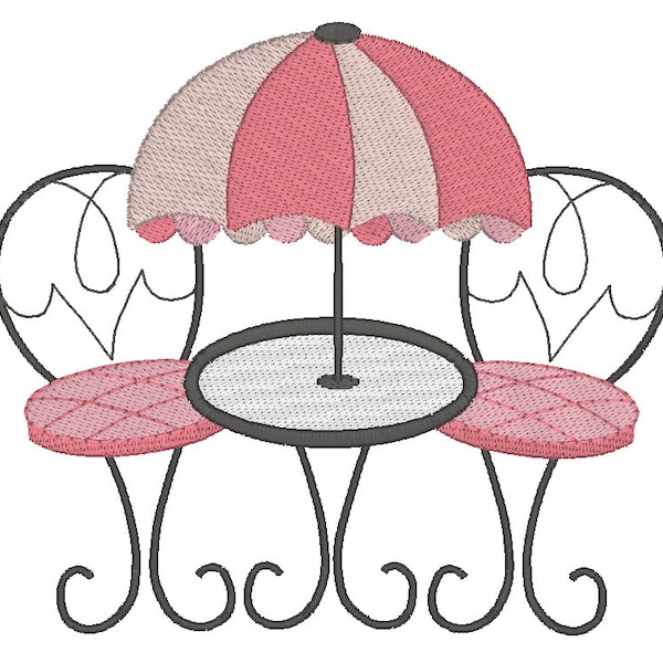 French Cafe Setting Machine Embroidery Design, Al Fresco Dining, Paris Cafe Table & Chairs Design, 3 Sizes, Instant download, No: JGS00035-1