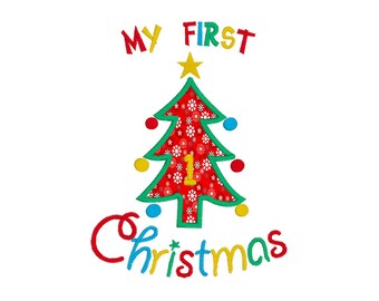 May include: A colorful Christmas-themed graphic with the text "MY FIRST CHRISTMAS." A Christmas tree is decorated with ornaments and a star. The number "1" is in the center of the tree.