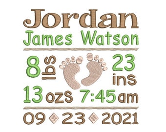 Birth Announcement Embroidery Design, Birth Template, Baby Feet, Machine Embroidery, Birth Stats, AM/PM, 3 Sizes, Instant Download, ST609-70