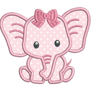 May include: A pink elephant with a pink bow, white polka dots, and black eyes. The elephant is sitting down with its trunk curled up.