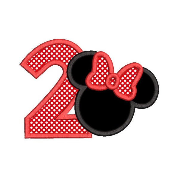 2nd Birthday Embroidery Applique Design, Mouse Ears, Number 2, Girl Birthday, Machine Embroidery, 3 Sizes, Instant Download, SA579-8