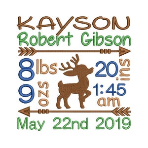Birth Announcement Embroidery Design, Birth Template, Baby Birth Stats Template, Reindeer, AM/PM, 3 Sizes, Instant Download, ST609-33