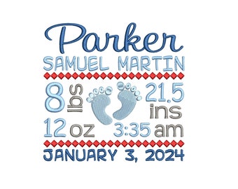 Birth Announcement Embroidery Design, Birth Template, Baby Feet, Machine Embroidery, Birth Stats, AM/PM, 3 Sizes, Instant Download, ST700-7