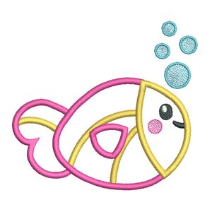 Puede incluir: Un pez de dibujos animados rosa y amarillo con una cara sonriente y un solo ojo. El pez est&aacute; rodeado de burbujas azules.