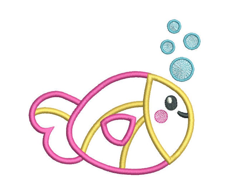 Puede incluir: Un pez de dibujos animados rosa y amarillo con una cara sonriente y un solo ojo. El pez est&aacute; rodeado de burbujas azules.