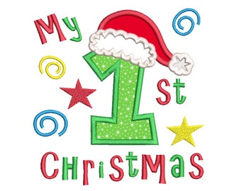 My 1st Christmas Embroidery Applique Design, Christmas Hat, Christmas Embroidery, Machine Embroidery, 3 Sizes, Instant Download, SA524-1