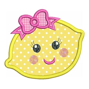 May include: A yellow lemon with a pink bow and a smiling face. The lemon has white polka dots and pink cheeks.