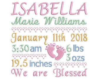 Birth Announcement Embroidery Design, Baby Birth Template, Machine Embroidery, Baby Feet, AM/PM, 4x4, 5x7, 6x10, Instant Download, ST509-8