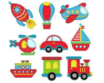 Transport Machine Embroidery Applique Designs, Set of 9 Cute Transportation Machine Embroidery Designs, 3 sizes, Instant Download, No: SA559