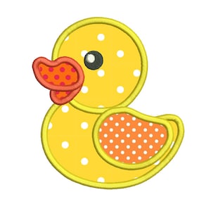 May include: A yellow rubber duck with orange and red polka dot accents. The duck has a yellow beak and black eyes.