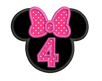 4th Birthday Machine Embroidery Applique Design, Mouse Ears, Number 4, Girl's Fourth Birthday, 3 Sizes, Instant Download, SA535-10