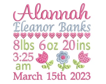 Birth Announcement Machine Embroidery Design, Customised, Baby Birth Stats, Floral Design, Hearts, Personalised, 3 Sizes, AM/PM, S609-94
