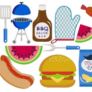 May include: A set of colorful illustrations of various barbecue and picnic items, including a grill, watermelon, hot dog, hamburger, chips, BBQ sauce, a spatula, tongs, and a mitt. The text "Mister Chips" is on a blue bag of chips.