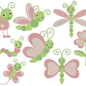 Cute Bugs Machine Embroidery Designs, Set of 8 Garden Insects, Fill Stitch, Butterfly, Dragonfly, Worm, 3 sizes, Instant Download, S569