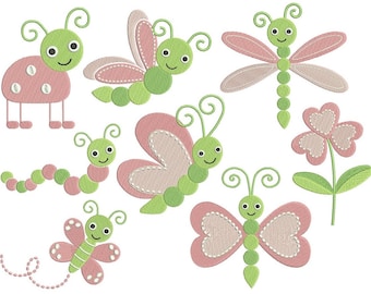 Cute Bugs Machine Embroidery Designs, Set of 8 Garden Insects, Fill Stitch, Butterfly, Dragonfly, Worm, 3 sizes, Instant Download, S569