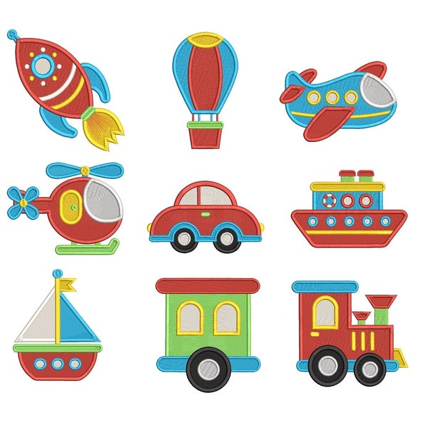 Transport Embroidery Designs, Cute, Set of 9, Fill Stitch, Transportation, Vehicles, Machine Embroidery, 4 sizes, Instant Download, S596