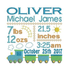 Birth Announcement Machine Embroidery Design, Personalised, Baby Birth Stats, Boy, Subway Art, Customised, Train, 3 Sizes, AM/PM, S509-13