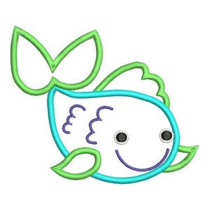 May include: A green and blue cartoon fish with a smiling face and a green tail fin. The fish has purple details on its body.