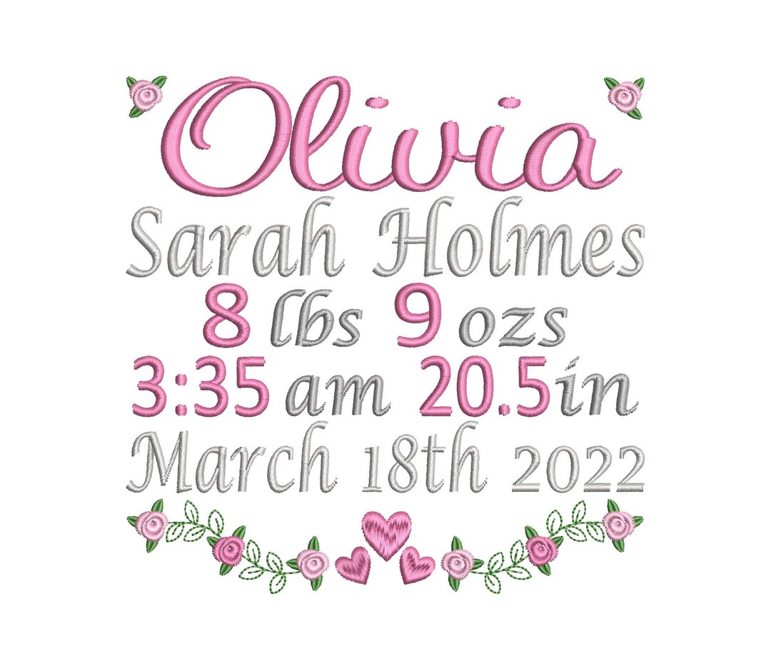 Birth Announcement Template Embroidery Design, Baby Birth Stats, Floral
