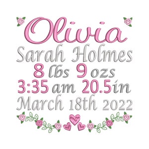 Birth Announcement Template Embroidery Design, Baby Birth Stats, Floral, Machine Embroidery, AM/PM, 3 Sizes, Instant Download, ST609-76