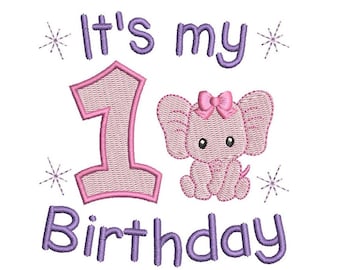 1st Birthday Embroidery Design, Girl's 1st Birthday, Fill Stitch Elephant, Machine Embroidery, 4x4, 5x7, 6x10, Instant Download, S545-2