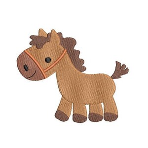 Puede incluir: Un caballo de dibujos animados marrón con una melena y una cola marrones. El caballo tiene una brida marrón y ojos negros.