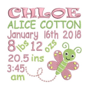 Birth Announcement Embroidery, Birth Template, Baby Birth Stats Machine Embroidery, Butterfly, AM/PM, 3 Sizes, Instant Download, ST509-89