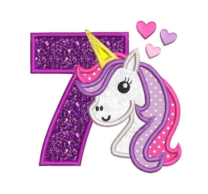 Seventh Birthday Design 7th Birthday Embroidery Applique Design Unicorn 7th