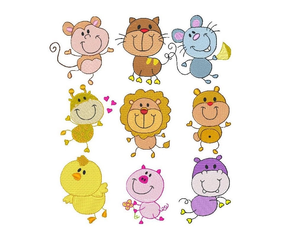 Animal Machine Embroidery Designs Instant Download 4x4 No: JG00016 Fill Stitch Embroidery Designs Set of 10 Cute Animals with Big Heads