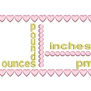 Birth Birth Template Embroidery Design, Baby Birth Stats, Subway Art, Hearts, Machine Embroidery, AM/PM, 3 Sizes, Instant Download, ST509-1 image 4