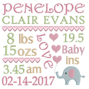 Birth Announcement Embroidery Design, Birth Template, Baby Birth Machine Embroidery, Elephant, AM/PM, 3 Sizes, Instant Download, ST509-29
