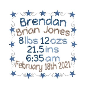 Geburt Ankündigung Stickerei Design, Vorlage, Baby Geburt Statistiken, Sterne, Maschine Stickerei, AM/PM, 3 Größen, Instant Download, ST609-61