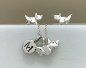 Personalised Solid Silver Origami Cat Necklace and Earrings Set