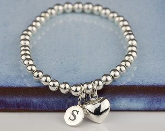 Personalised Children's Silver Bead Bracelet with Solid Silver Pillow Heart Charm