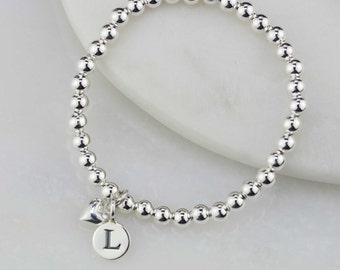 Children's Silver Bead Personalised Bracelet with Heart Charm