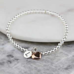 Personalised Skinny Silver Bead Bracelet with Heart Charm