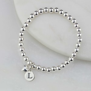 Children's Silver Bead Personalised Bracelet with Heart Charm image 1