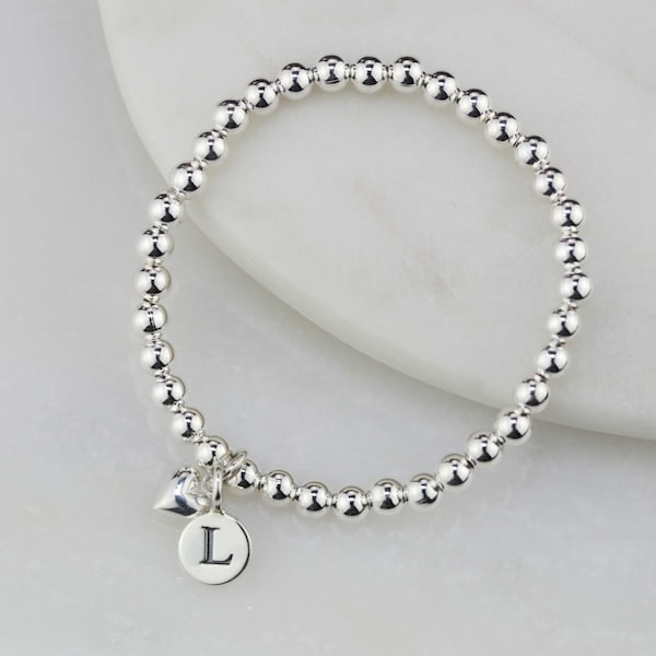 Children's Silver Bead Personalised Bracelet with Heart Charm