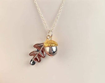 Personalised Oak Leaf And Acorn Sterling Silver And Gold Necklace